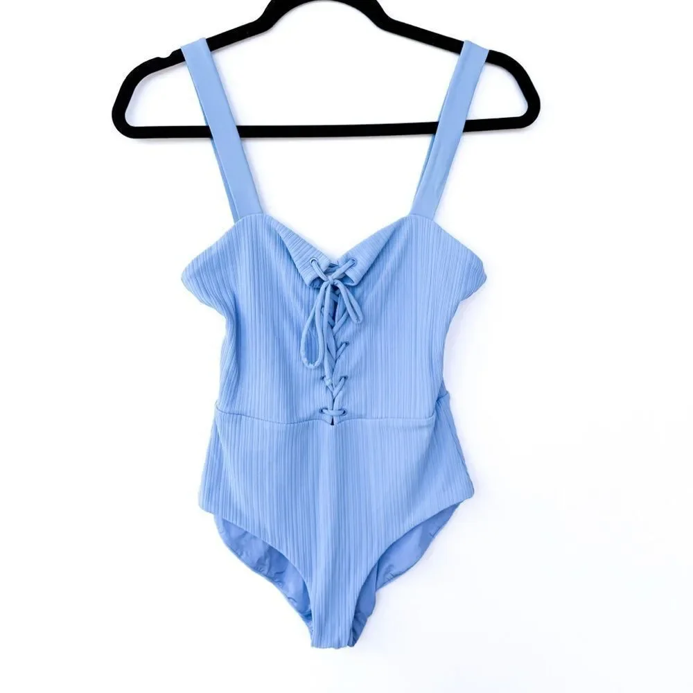 Onia Periwinkle Blue One Piece Ribbed Lace Up Swimsuit